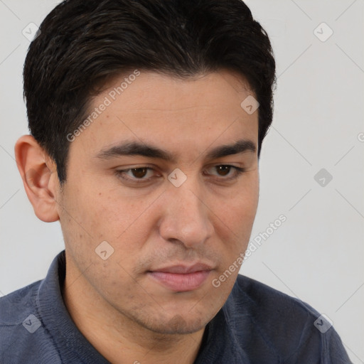 Neutral white young-adult male with short  brown hair and brown eyes