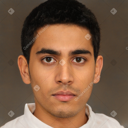 Neutral latino young-adult male with short  brown hair and brown eyes