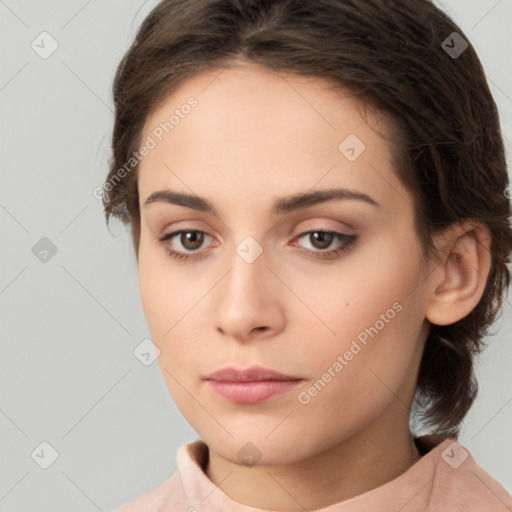 Neutral white young-adult female with medium  brown hair and brown eyes