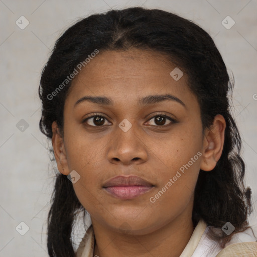 Joyful black young-adult female with medium  brown hair and brown eyes