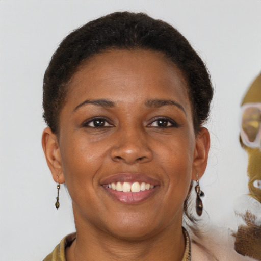 Joyful black young-adult female with medium  brown hair and brown eyes