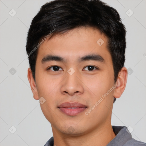 Neutral asian young-adult male with short  black hair and brown eyes