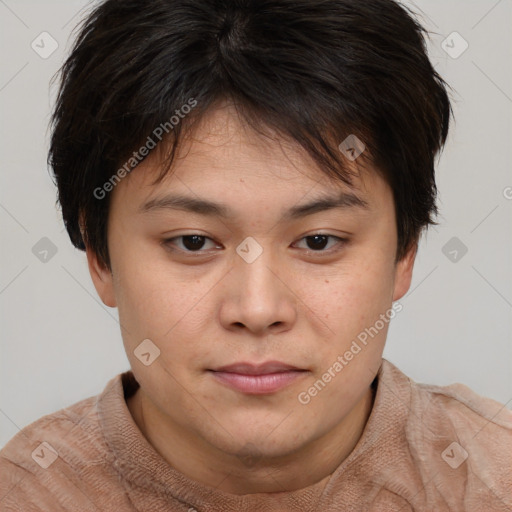 Neutral white young-adult female with short  brown hair and brown eyes