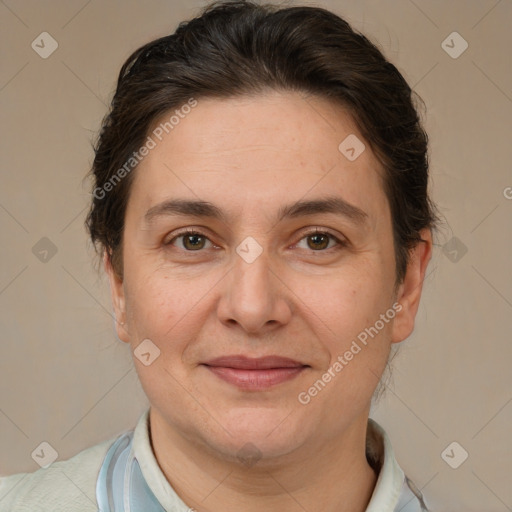 Joyful white adult female with short  brown hair and brown eyes