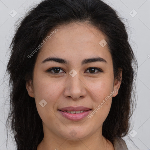 Joyful latino young-adult female with long  brown hair and brown eyes