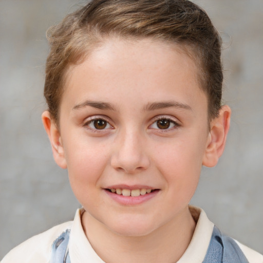 Joyful white child female with short  brown hair and brown eyes