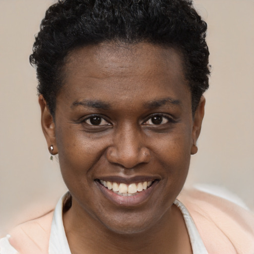 Joyful black young-adult female with short  brown hair and brown eyes