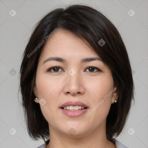 Joyful white young-adult female with medium  brown hair and brown eyes