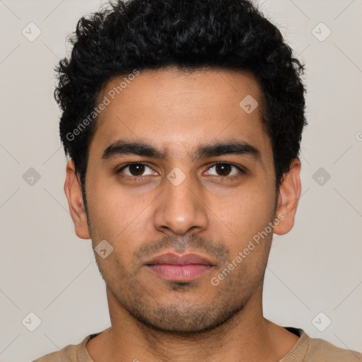 Neutral latino young-adult male with short  black hair and brown eyes