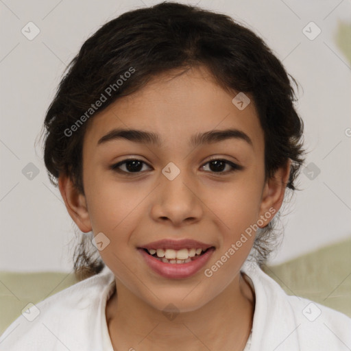 Joyful white child female with medium  brown hair and brown eyes