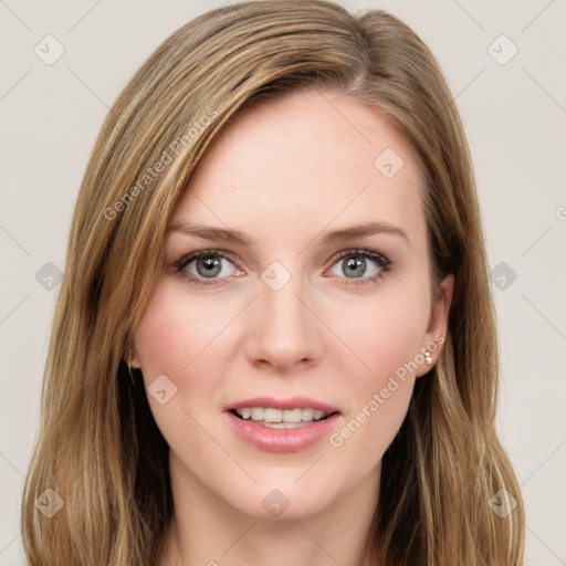 Joyful white young-adult female with long  brown hair and green eyes