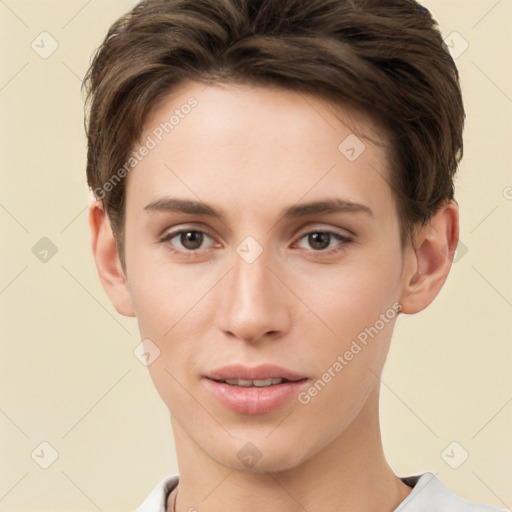 Joyful white young-adult female with short  brown hair and brown eyes