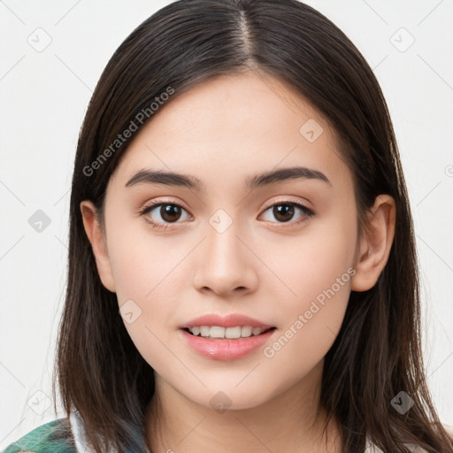 Joyful white young-adult female with long  brown hair and brown eyes