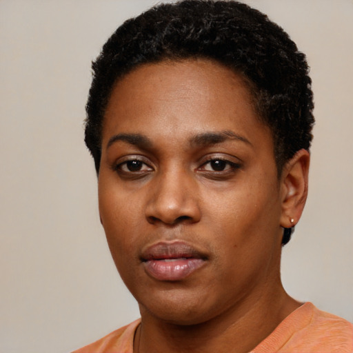 Neutral black young-adult female with short  black hair and brown eyes
