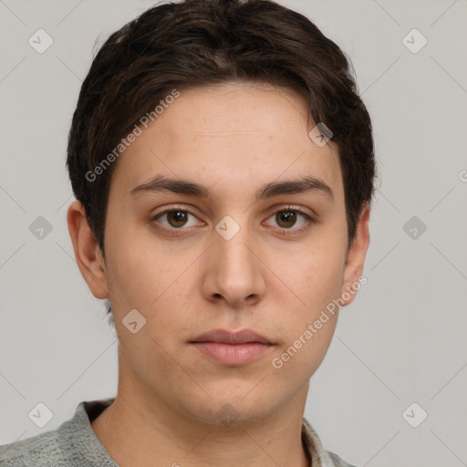 Neutral white young-adult male with short  brown hair and grey eyes