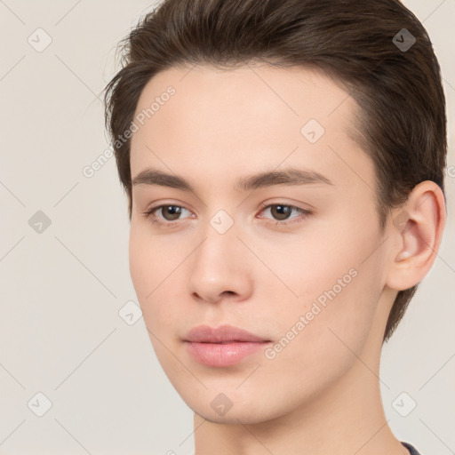 Neutral white young-adult male with short  brown hair and brown eyes