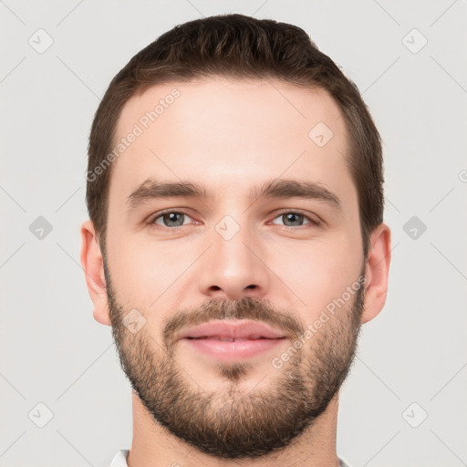 Neutral white young-adult male with short  brown hair and brown eyes