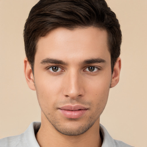 Neutral white young-adult male with short  brown hair and brown eyes