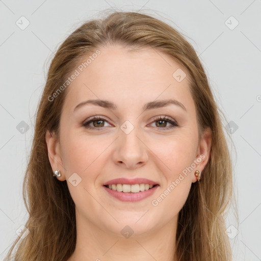 Joyful white young-adult female with long  brown hair and grey eyes