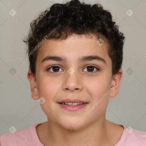 Joyful white child male with short  brown hair and brown eyes