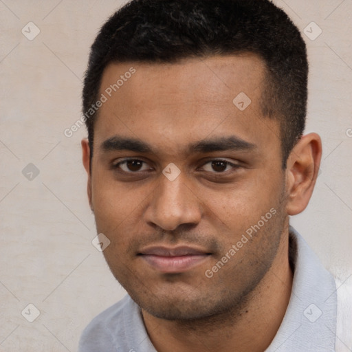 Joyful white young-adult male with short  black hair and brown eyes