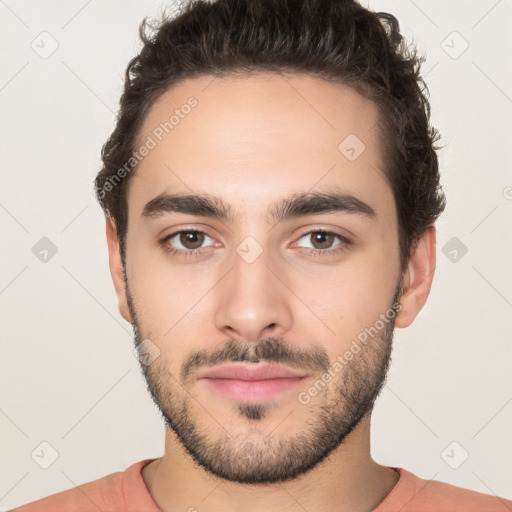 Neutral white young-adult male with short  brown hair and brown eyes