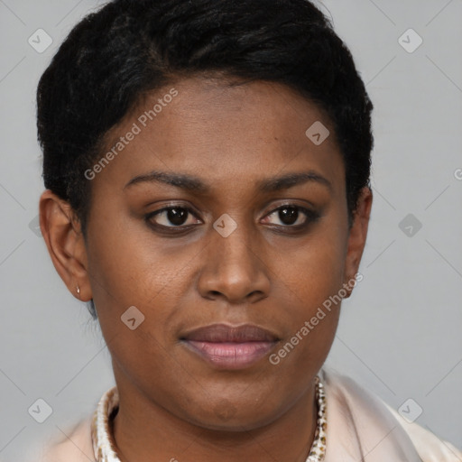 Joyful latino young-adult female with short  brown hair and brown eyes
