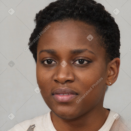 Neutral black young-adult female with short  black hair and brown eyes