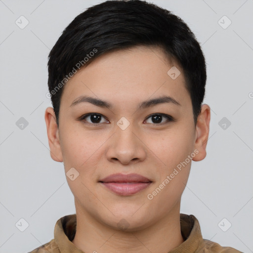 Joyful asian young-adult female with short  black hair and brown eyes