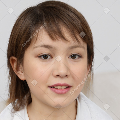 Joyful white child female with medium  brown hair and brown eyes