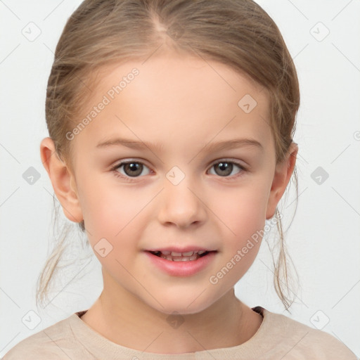 Joyful white child female with medium  brown hair and brown eyes