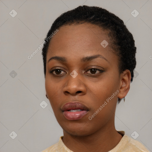 Neutral black young-adult female with short  black hair and brown eyes