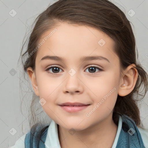 Joyful white child female with medium  brown hair and brown eyes