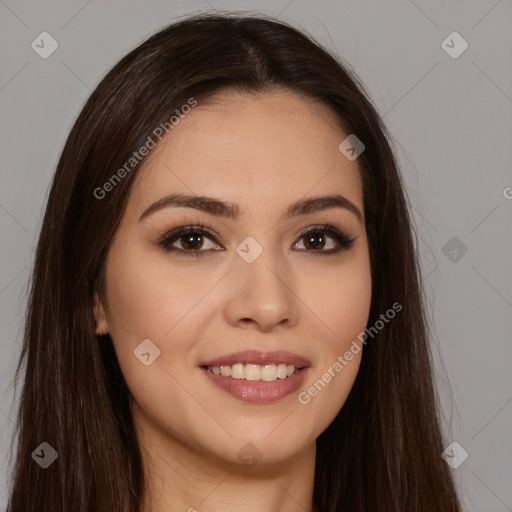 Joyful white young-adult female with long  brown hair and brown eyes