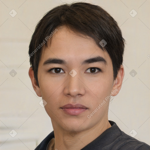 Neutral asian young-adult male with short  black hair and brown eyes