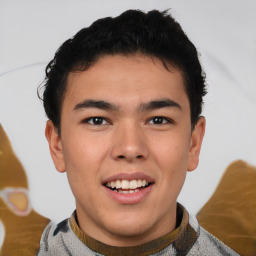 Joyful latino young-adult male with short  brown hair and brown eyes