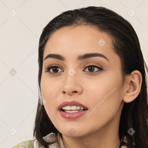 Joyful white young-adult female with medium  black hair and brown eyes