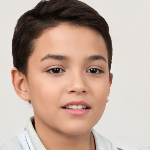 Joyful white child female with short  brown hair and brown eyes