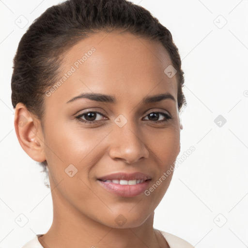 Joyful white young-adult female with short  brown hair and brown eyes