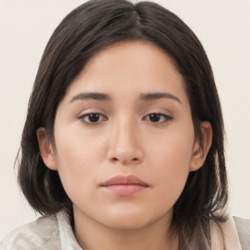 Neutral asian young-adult female with medium  brown hair and brown eyes