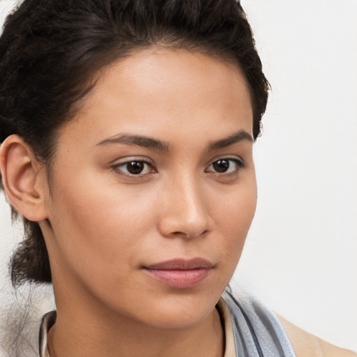 Neutral white young-adult female with short  brown hair and brown eyes