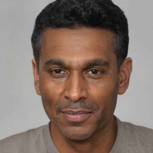 Neutral black adult male with short  black hair and brown eyes