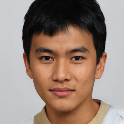 Neutral asian young-adult male with short  black hair and brown eyes