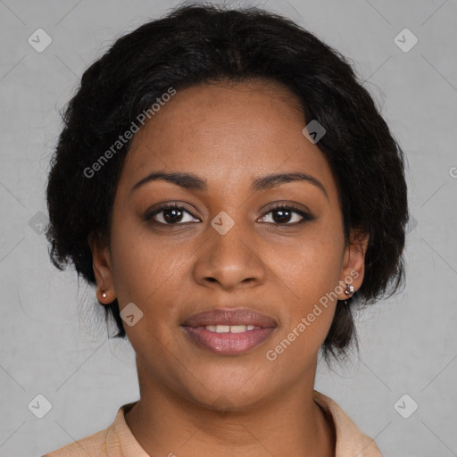 Joyful black young-adult female with medium  black hair and brown eyes