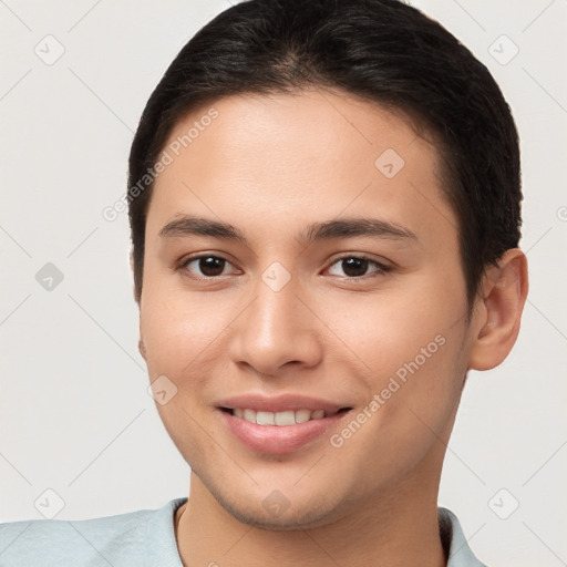 Joyful white young-adult female with short  brown hair and brown eyes