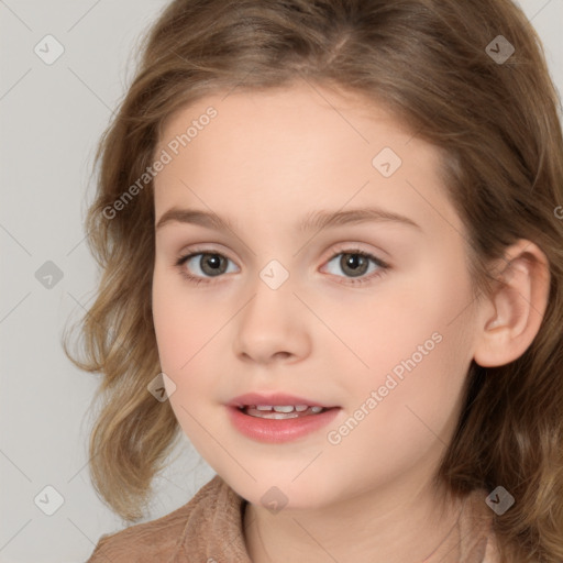 Joyful white child female with medium  brown hair and brown eyes