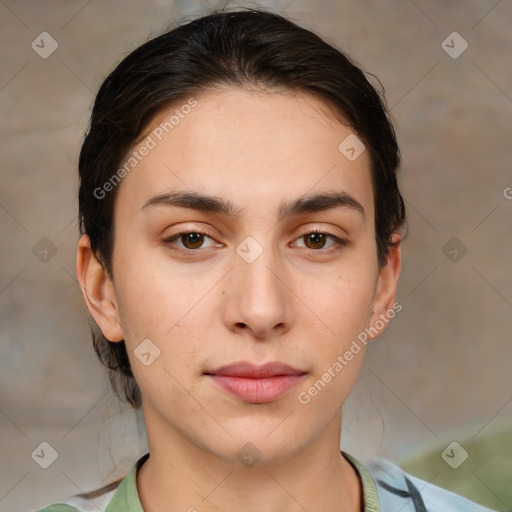 Neutral white young-adult female with medium  brown hair and brown eyes