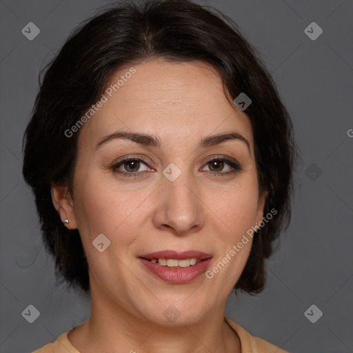 Joyful white adult female with medium  brown hair and brown eyes