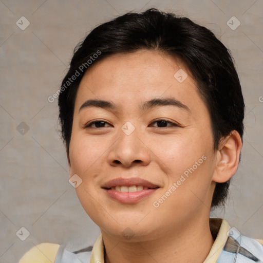 Joyful asian young-adult female with medium  brown hair and brown eyes