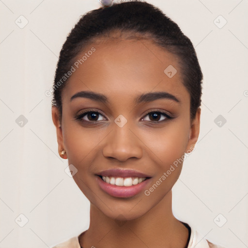 Joyful latino young-adult female with short  black hair and brown eyes